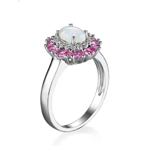 Fashion Jewelry Two Rows Halo Flower 925 Sterling Silver Opal Ruby Ring Girls