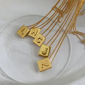 Sisslia Initial Letter Square Charm Non Tarnish Chain Stainless Steel Gold Plate Necklace For Women Jewelry Gift