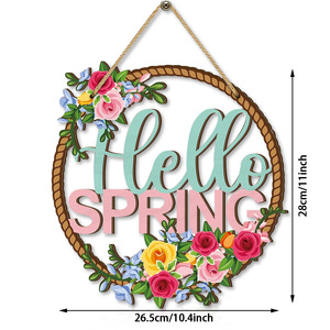 Décoration murale en bois « Bonjour le Printemps », panneau floral circulaire, décoration intérieure, décoration de Pâques, style ferme moderne - Product Image 4