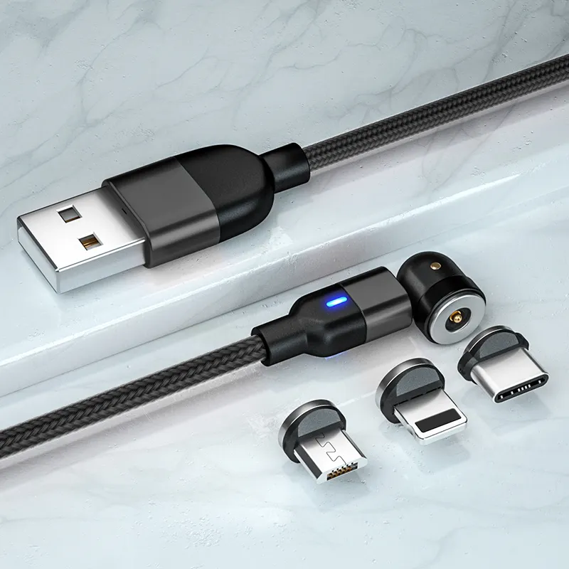 Free Sample Magnet 3in1 USB Charging Cable With 3 Magnet Heads Micro 360+180 Degree Rotate Usb C Charging Cable