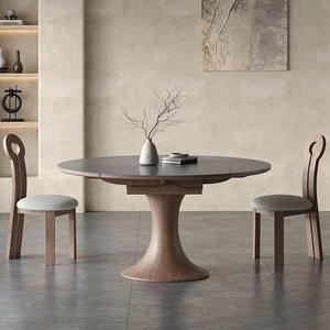 طاولة طعام قابلة للطي بتصميم بسيط حديث على الطراز الاسكندنافي مع قاعدة من خشب الجوز الصلب، قابلة للتمديد من مربعة إلى مستديرة، تتسع لـ 6 أشخاص - Product Image 1