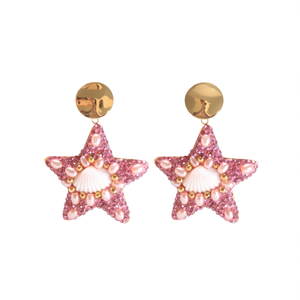Boucles d'oreilles pendantes tendance en forme d'étoile, avec cristaux roses, perles et coquillages, en acier inoxydable plaqué or, durables et résistantes - Product Image 2
