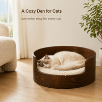 Lit pour chat rond en noyer, en bois courbé, avec entrée frontale basse, maisonnette confortable en forme de baril pour chats d'intérieur, avec coussin en peluche, style moderne