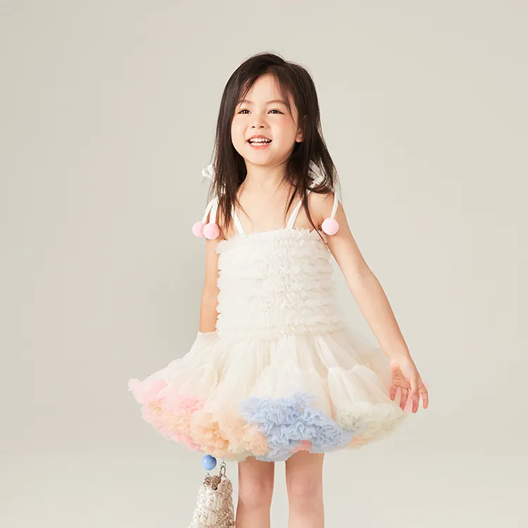 2024 नई प्रिंसेस पैटर्न टूटू ड्रेस लड़कियों के लिए सांस लेने योग्य एंटी-रिंकल समर गर्ल स्लिंग मेश फ्लफी ड्रेस