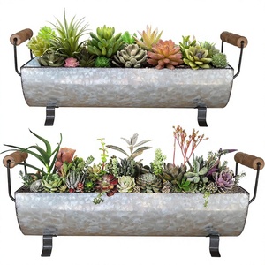 Jardinière succulente moderne en métal galvanisé avec manche en bois Plateau métallique de ferme Centre de table rustique - Product Image 1