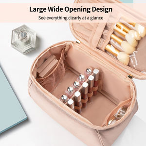 Sac de maquillage en nylon or rose personnalisé avec fermeture éclair, poignée souple, design en U pour les pinceaux de maquillage - Grande capacité pour les voyages - Product Image 3