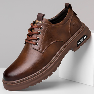 Chaussures décontractées en cuir pour hommes, bout rond, à lacets, semelle extérieure en caoutchouc amortie, couleur unie - Product Image 1