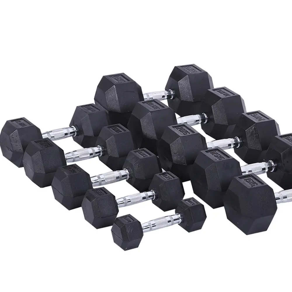 Rubber Coated Hex Dumbbell Factory Wholesale Custom Gym Home Black Rubber Dumbbells Pounds Fitness Weight 5-60LB