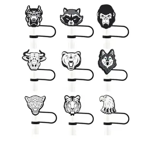 New Design Black And White Animals Silicone Straw Topper Wholesale Football Team Sports Team Custom LOGO Straw Topper Cover