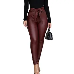 Großhandel Custom Frauen Frühling Herbst Sexy Mode PU Leder Leggings Damen Bowknot Solid Color Slim Tight Long Pants Leggings