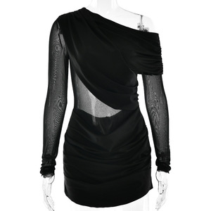 Women's Asymmetric Off-Shoulder Mini Dress Sheer Layer Natural Waistline Leisure Evening Wear - Product Image 5