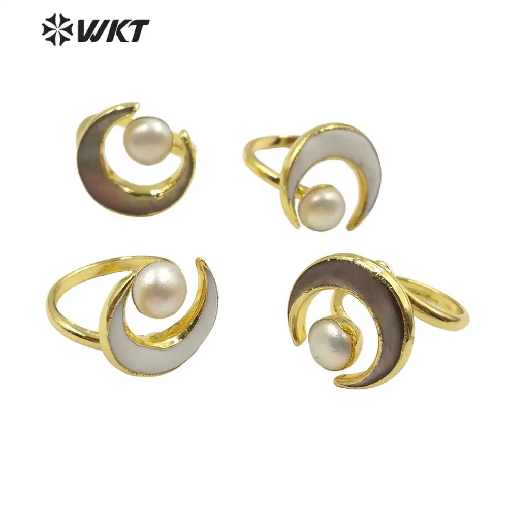 WT-R344 Unique Special Design Bohemian Crescent Shell Pearl Ring In 18k Gold Plated Women Fashion Pearl Ring