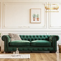 Magnifique canapé trois places vert foncé boutonné de style rétro pour maison d'hôtes, avec pieds droits en velours de style européen simple