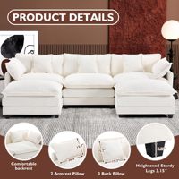 Canapé modulaire en chenille blanche ultra-large en forme de U, assise profonde, tapis de pieds amovibles, fonction de rangement confortable, nuage