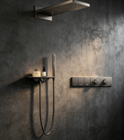 Système de douche thermostatique encastré HONGDEC en nickel brossé avec étagère de rangement, douche pluie, cascade, douche à main