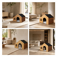 Maison pour animaux de compagnie rectangulaire en bois de luxe, toit en tissu, structure en bois massif, porte cintrée, fenêtres ventilées, coussin doux et confortable