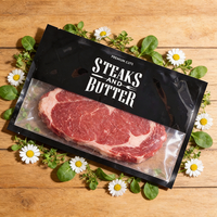Sachet plat thermoscellé trois côtés avec fenêtre transparente, imprimé sur mesure, pour l'emballage de viande de qualité supérieure, steak, bœuf séché, charcuterie