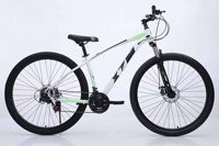 Vélo de montagne en acier au carbone blanc et vert, 29 pouces, frein à disque double, fourche à suspension, vélo de montagne pour adultes, 21 vitesses, pédale ordinaire
