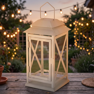 Lanterne en métal blanc Bougeoir suspendu décoratif Décor extérieur de ferme rustique - Product Image 1