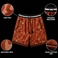 Shorts de sport en maille respirante couleur terre cuite, motif triangle rétro, poches latérales zippées, style streetwear, vente en gros