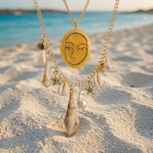 Collar Bohemio Chapado en Oro con Cuentas de Vidrio, Colgante de Rostro y Dijes de Estrella de Mar, Joyería Artesanal Unisex para Fiesta - Product Image 3