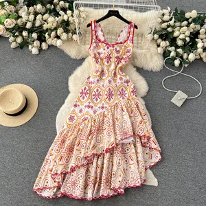 LE2154 Australia Tide Embroidery Ladies Long Dress Vintage Floral Halter Dress Women Summer Ruffle Irregular Niche Fairy Dresses