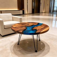 Table basse en bois naturel et résine époxy, plateau bleu incrusté, pieds en métal noir type cheveux de cheval, pour salon, villa, fabriquée au Jiangxi