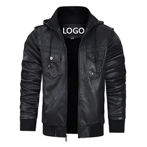 Original OEM Classic Biker Jacket Motorcycle Genuine Leather JacketWinter men's pu leather motorcycle jacket with hat windproof