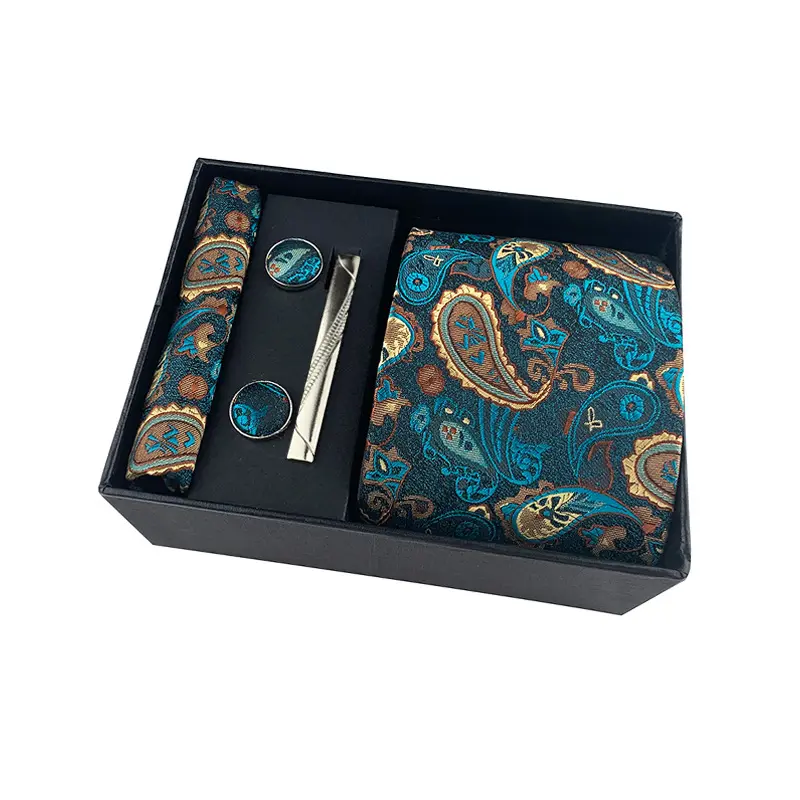 Shengzhou Mens Tie Pin And Cuff link Sets Paisley Tie Pocket Square And Cufflinks Set Gift Set Box For Shirt And Tie