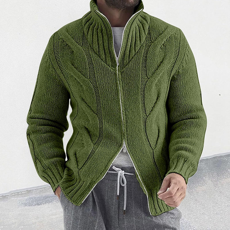 Green Double Zipper Ribbed Sweater Jacket