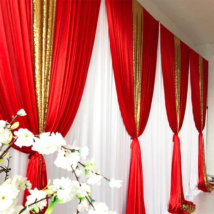 Factory Supply Soft Feeling Ice Silk And Gold Sequin Layered Backdrop Curtain Wedding Hall Decoration Decor Backdrop Cur