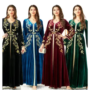 אבאיה נשים מוסלמיות שמלה עם צווארון V רקמת עלים שרוולים ארוכים שמלה ארוכה לנשים בד אבאיה עבה לחורף