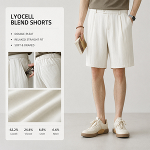 Shorts droits pour homme en Lyocell et Lin, à double pli, couleur unie, longueur genou, avec logo personnalisé, doux, respirant, idéal pour l'été - Product Image 1