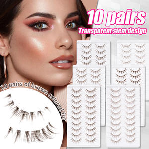 10 paires de cils réutilisables, sans cruauté, en fibres plates, style bande dessinée européenne et américaine, avec tiges en plastique transparent marron, faits à la main - Product Image 1
