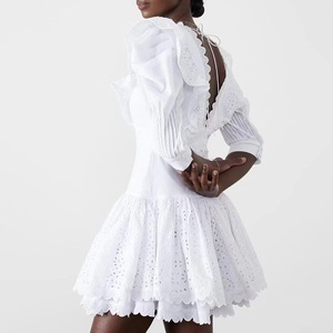 Vestido corto de mujer estilo corte francés 2025 con cuello en V y manga abullonada encaje bordado cintura lavable adelgazante para verano - Product Image 4