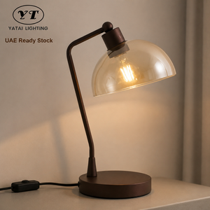 Lampe de table moderne en métal, corps en fer, abat-jour en verre ambré, ampoule E27, lumière chaude pour chambre à coucher, chevet, lecture, bureau, interrupteur à bouton - Product Image 1
