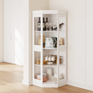 Vetrina Angolare Poligonale Bianca Alta 70'' con Ante in Vetro, <span class=keywords><strong>Mobile</strong></span> Espositore di Design per Cucina e Sala da Pranzo - Product Image 3