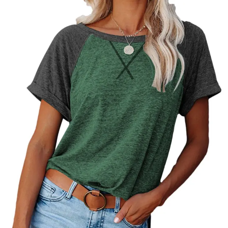 Camiseta holgada cruzada con bloqueo de Color para mujer, ropa informal de manga corta