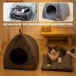 Igloo de tente en tissu à motif solide de lit de grotte de chat écologique avec coussin lavable amovible pour chats et petits chiens - Product Image 2