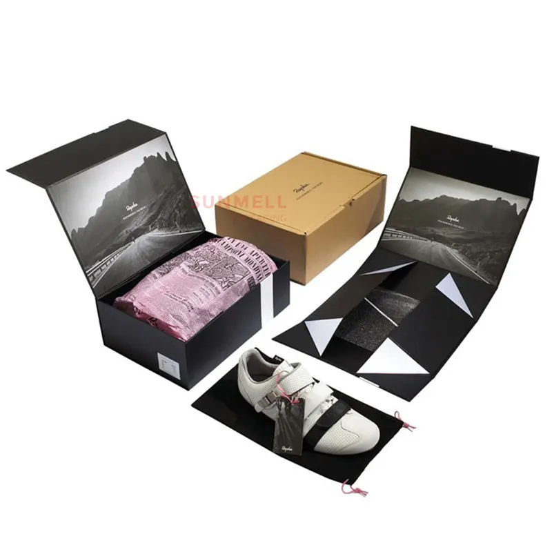 Kotak kemasan sepatu hitam dapat dilipat mewah kotak sepatu kardus dengan kertas pembungkus Logo kustom