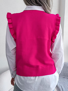 Gilet en tricot à volants pour femmes, style coréen, motif floral, col <span class=keywords><strong>sans</strong></span> manches, <span class=keywords><strong>pull</strong></span> d'automne - Product Image 3