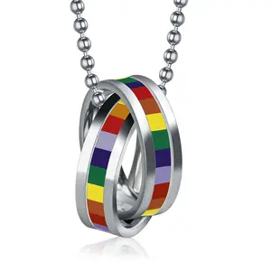 Collier avec Double anneaux en arc-en-ciel pour femmes, chaîne, bijou personnalisé, drapeau Gay Gay, pour la mariée, vente en gros,