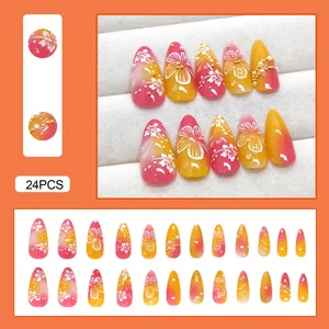 24 <span class=keywords><strong>faux</strong></span> ongles tendance Y2K pour femmes, en amande, <span class=keywords><strong>dégradé</strong></span> or/rose, à presser, imprimé fleur blanche, charme printemps-été - Product Image 1