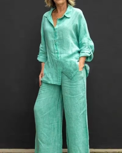 Modische Damenkleidung Streetwear Knopfleiste Langarm-Hemd + Lange Hose 2-teiliges Set Baumwolle Allround-Kombination Freizeitanzüge - Product Image 4