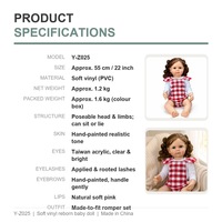 Boneka Bayi Reborn 22 Inci, Vinyl Lembut, Dilukis Tangan, Realistis, Bayi Perempuan Baru Lahir, Rambut Cokelat, Mata Biru, Pakaian Gingham, Hadiah Y-Z025