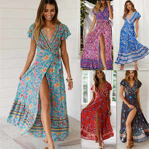 Abito Lungo Estivo di Tendenza di Alta Qualità, Sexy con Scollo a V Profondo, Stampa Floreale, Casual, Manica Corta, Stile Boho per Vacanze - Product Image 1