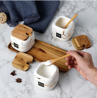 Pots de condiments de bol de sel de sucre d'assaisonnement en céramique de porcelaine moderne populaire avec des couvercles et des cuillères en bois et un plateau