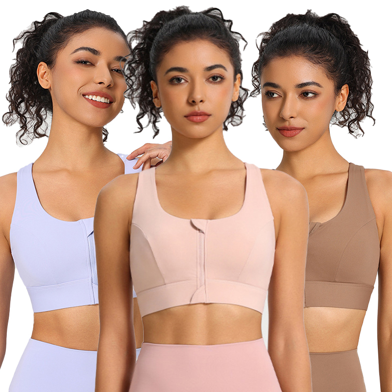 Custom Logo Women's Front-Zip Sports Bra with Shock-Absorbing High-Support Cups and Flattering Back Design for Fitness and Yoga