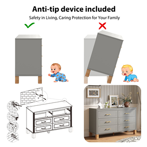 6 <b>Drawer</b> Double Dresser Gray Modern <b>Storage</b> Cabinet Metal Handles Solid Wood Legs Dresser <b>Drawer</b> Organizer <b>for</b> Kids - Product Image 5