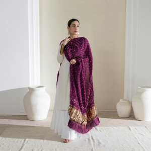Purple Embroidered <b>Shawl</b> With Gold Border Traditional <b>Indian</b> Ethnic Scarf For Women Wedding Engagement Wear - Product Image 1